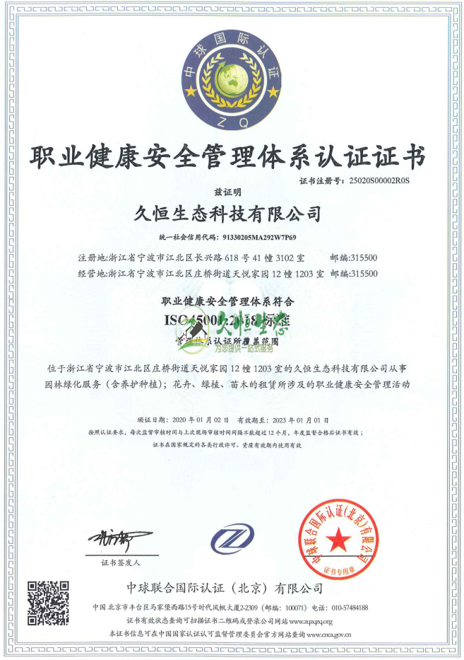 绍兴新昌职业健康安全管理体系ISO45001证书